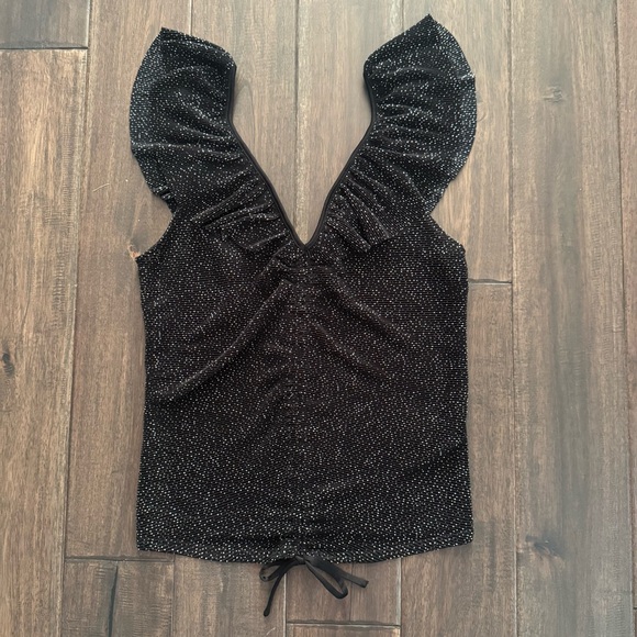Express Black Speckled Ruffle Sleeve Ruched Tie Top S - Picture 1 of 5